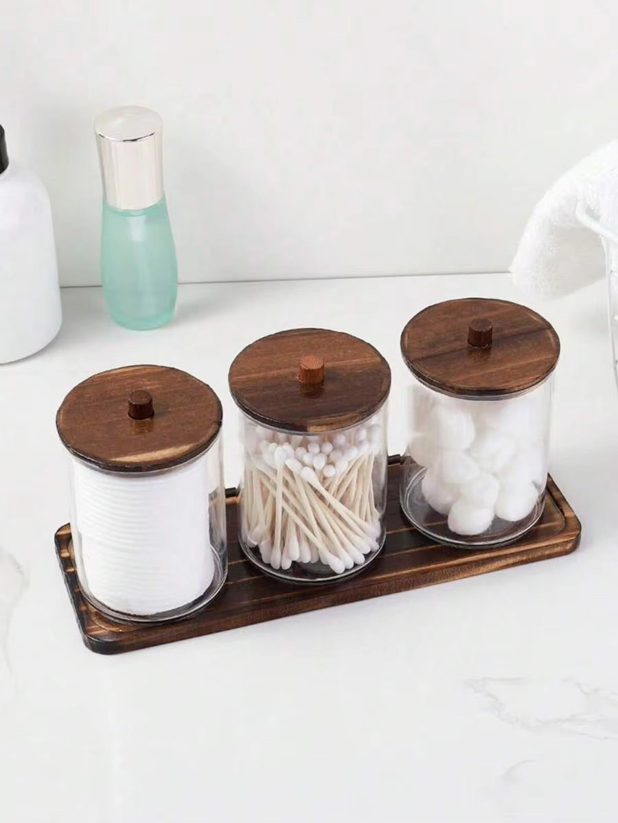 3pcs Plastic Transparent Round Cleaning Swab Storage Box With Tray / 1pc Modern Portable Desktop Storage Box For Household